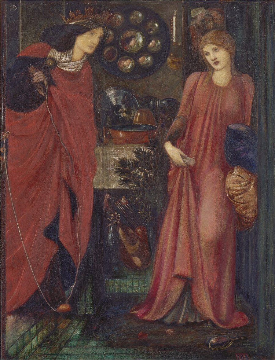 Painting of Queen Eleanor, crowned and in a red cloak, holding a thread that trails across the floor, as she faces Rosamund, who stands in a pink gown in a small room full of treasures